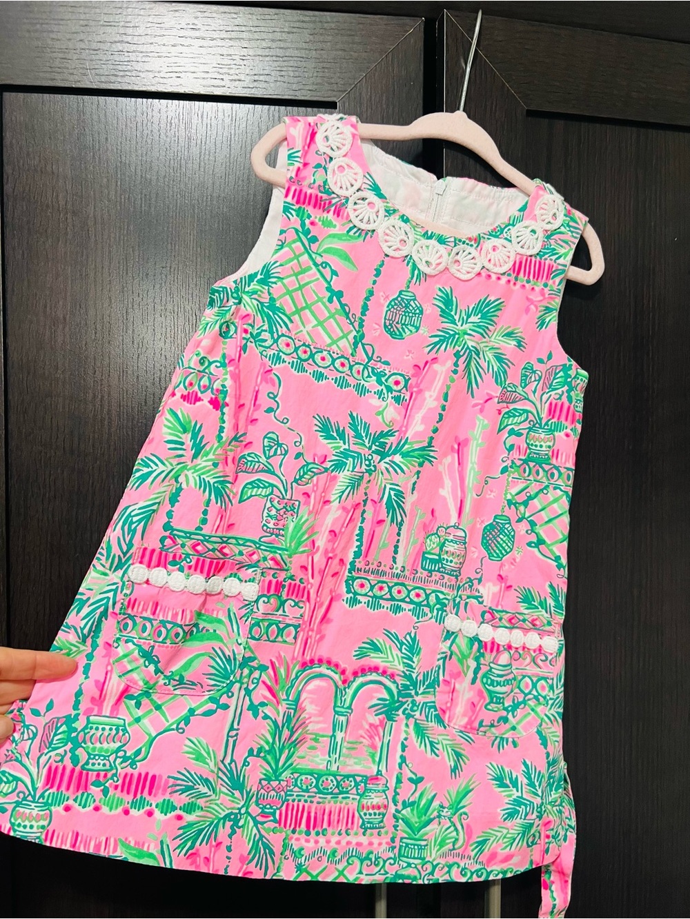 Pink & Green Tropical Shift Dress with Crochet Trim
